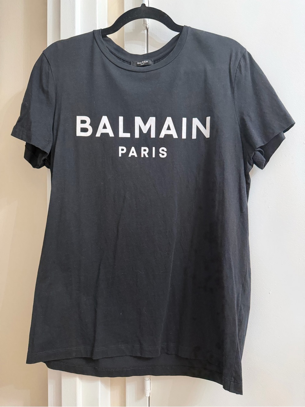 Balmain Black T-Shirt with White Logo Tag